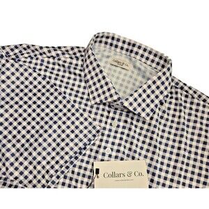NWT Collars & Co Mens 3XL Dress Collar Polo Shirt Navy Gingham Performance
